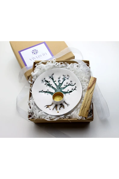 Hayat Ağacı Palo Santo Tütsülük El Yapımı Seramik Beyaz Gümüş Palo Santo Tütsü Hediyeli ürün görseli 1