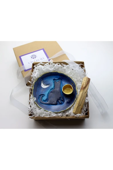 Vivusin El Yapımı Kedi Seramik Palo Santo Tütsülük Mavi Hediyelik Kutusunda ürün görseli 1