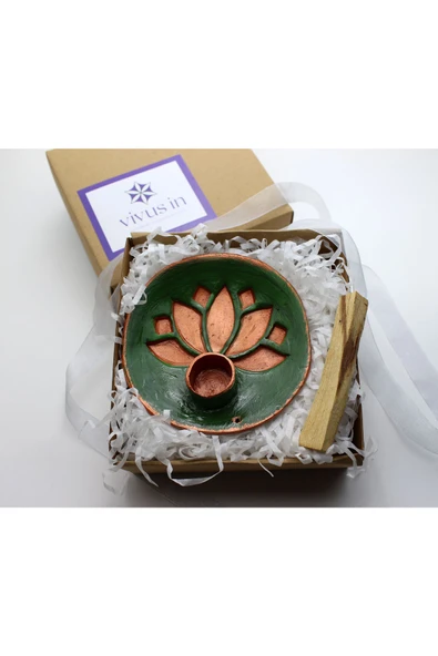 Lotus Palo Santo Tütsü Hediyeli Seramik Tütsülük El Yapımı Yeşil Bakır ürün görseli 1