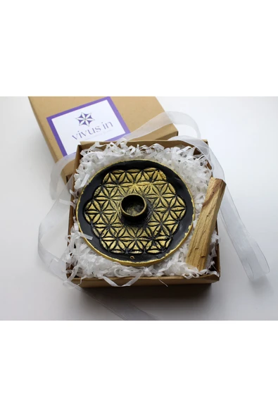 Yaşam Çiçeği El Yapımı Seramik Palo Santo Tütsü Hediyeli Tütsülük Siyah Altın ürün görseli 1