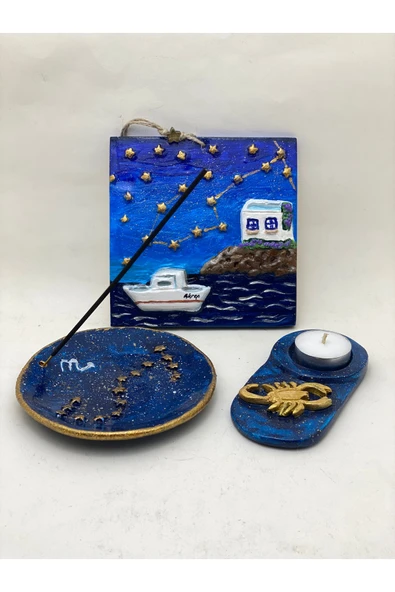 Akrep Burcu Yıldız Haritalı Hediyelik Set - Tablo - tütsülük - Mumluk ürün görseli 1