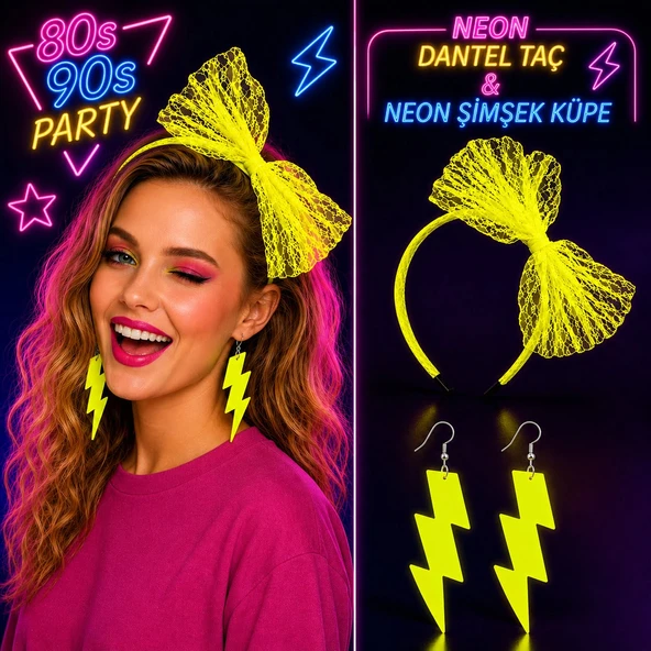 Neon Sarı Dantel Taç ve Şimşek Küpe 80'ler 90'lar Parti Seti ürün görseli 1