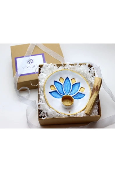 Lotus Palo Santo Tütsü Hediyeli Seramik Tütsülük El Yapımı Beyaz Mavi ürün görseli 1