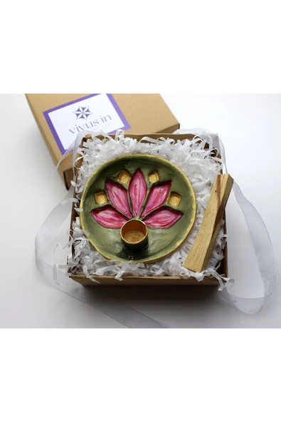 Lotus Palo Santo Tütsü Hediyeli Seramik Tütsülük El Yapımı Ceviz Yeşili ürün görseli 1