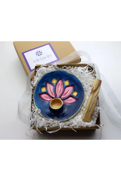 Lotus Palo Santo Tütsü Hediyeli Seramik Tütsülük El Yapımı Lacivert ürün görseli 1