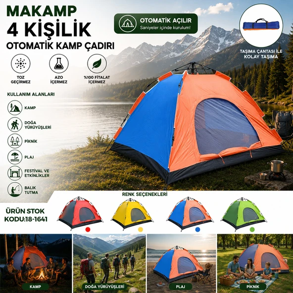 4 KİŞİLİK TOZ GEÇİRMEZ 200CMX200CMX135CM OTOMATİK KAMP ÇADIR HERHANGİ BİR RENK GÖNDERİLİR (5433) ürün görseli 1