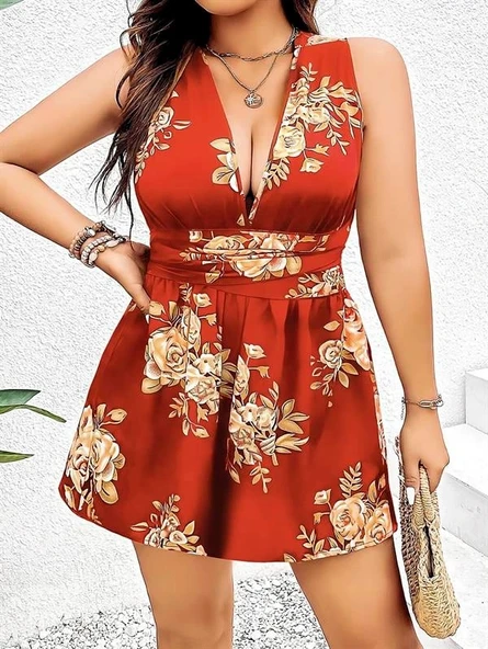 Arias Closet Büyük Beden Kahverengi Üstüne Çiçek Desenli Sırt Detaylı Elbise ürün görseli 1