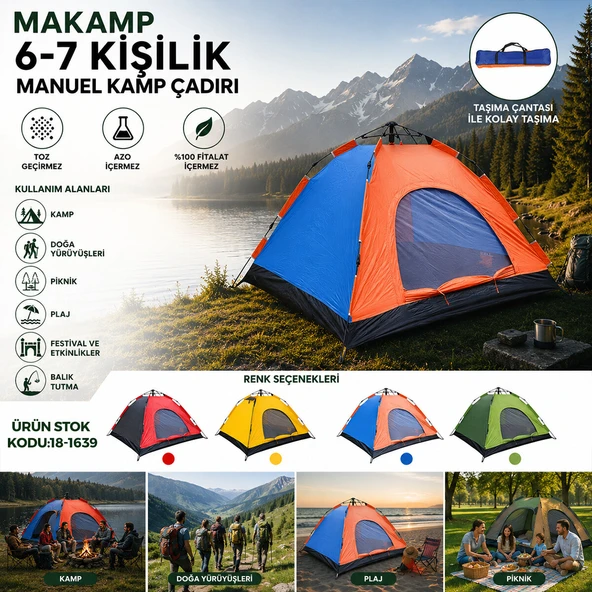 6-7 KİŞİLİK TOZ GEÇİRMEZ 220CMX250CMX150CM MANUEL KAMP ÇADIR HERHANGİ BİR RENK GÖNDERİLİR (5433) ürün görseli 1