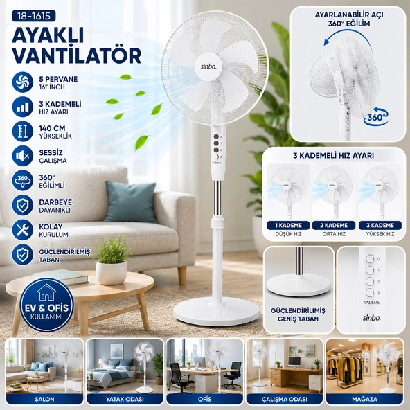 BEYAZ 5 PERVANE - 16 INC EV - OFİS KOMPAKT - SESSİZ - ÜÇ KADEME 140CM YÜKSEKLİK AYAKLI VANTİLATÖR SF-6789 (5433) ürün görseli 1