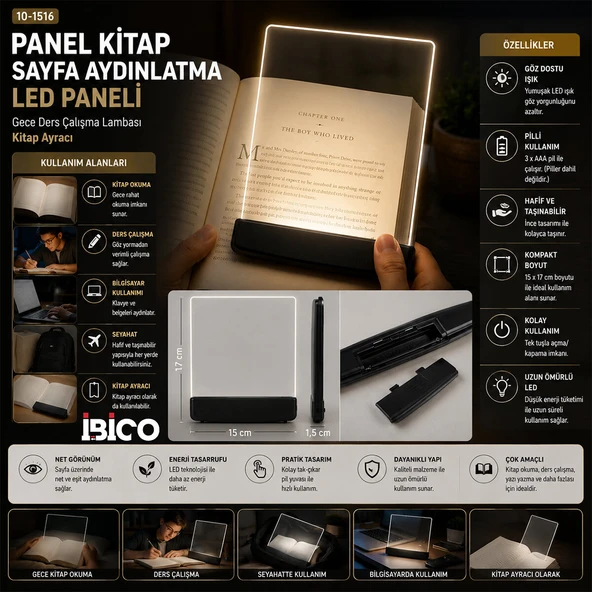 LIGHT PANEL KİTAP SAYFA AYDINLATMA LED PANELİ KİTAP OKUMA PİLLİ 15X17CM İ10-027 (5433) ürün görseli 1