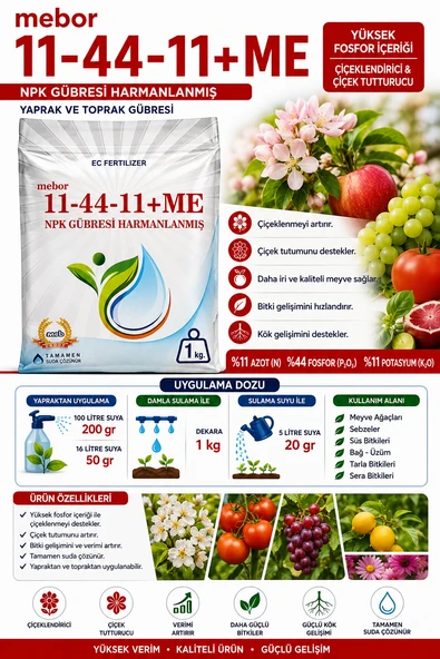 Mebor 11-44-11  Me 1 kg Çiçeklendirici -Çiçek Tutturucu-Yaprak ve Toprak Gübresi ürün görseli 1