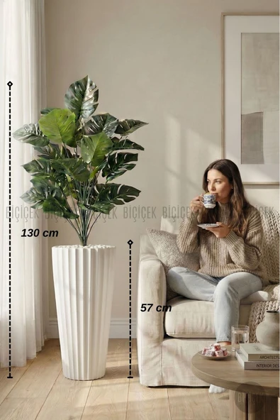 BİÇİÇEK Yapay Monstera Deve Tabani Bi̇tki̇si 130 Cm Beyaz Li̇lyum Saksıda ürün görseli 1