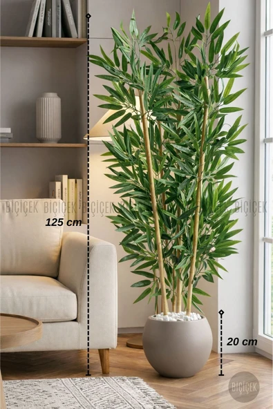 BİÇİÇEK 125cm Yapay Bambu Ağaci Mocha Küre Saksıda ürün görseli 1
