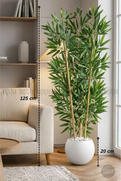 BİÇİÇEK 125cm Yapay Bambu Ağaci Beyaz Küre Saksıda ürün görseli 1