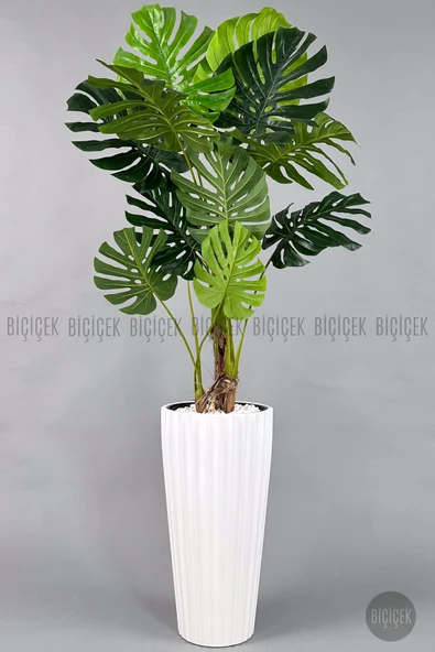 BİÇİÇEK Yapay Monstera Ağacı Deve Tabani 200 Cm Beyaz Li̇lyum Saksıda ürün görseli 1