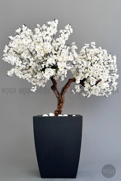 BİÇİÇEK Yapay Beyaz Sakura Ağacı 100 Cm Bahar Dalı Antresi̇t Kare Saksıda ürün görseli 1