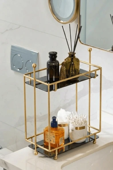 Gold 2 Katlı Dikdörtgen Metal Banyo Organizeri, Ayna Pleksili Tezgah Üstü Düzenleyici 32,6x16,3x34 cm ürün görseli 1