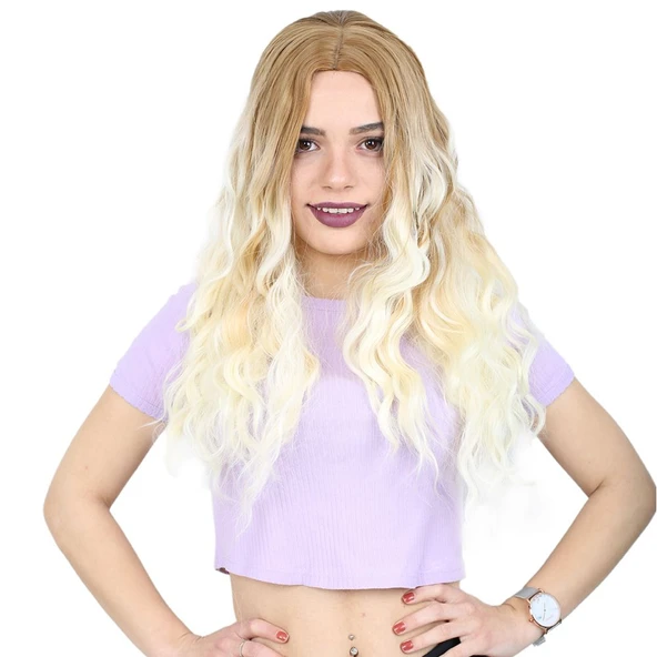 Su Dalgası Uzun Perçemsiz Fiber Sentetik Peruk / Balköpüğü / Platin Ombreli ürün görseli 1