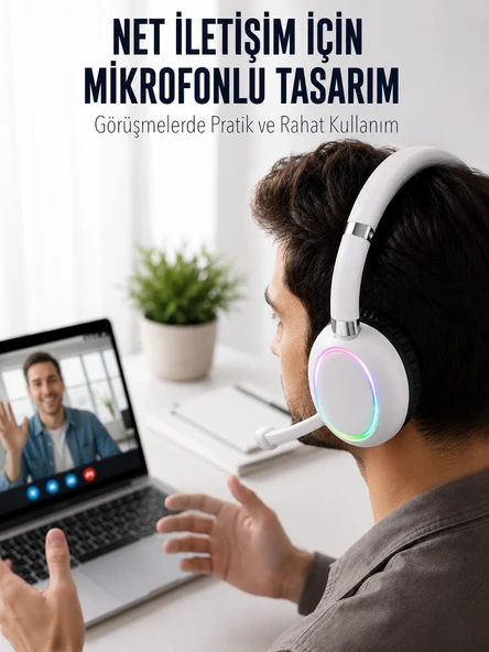 Bluetooth 5.0 Beyaz Kulak Üstü Kablosuz Kulaklık Mikrofonlu RGB Aydınlatmalı ürün görseli 1