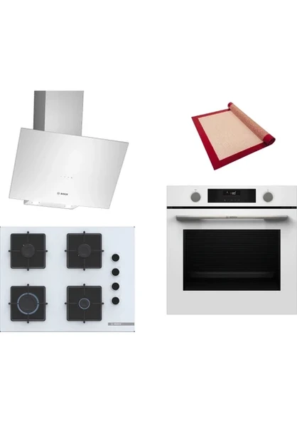 Bosch Beyaz 3 Lü Ankastre Set 598 ( HUA736EV0T - POP7C2P31O - DWK64PJ20T ) 67CM Ocak - Buhar Destekli - Silikon Yanmaz Yapışmaz Pişirme Matı ile Birlikte ürün görseli 1