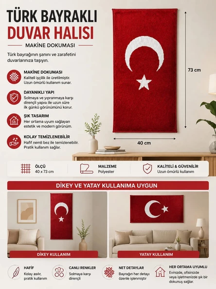 Türk Bayraklı Duvar Halısı - Makine Dokuma Türk Bayraklı Halı ürün görseli 1