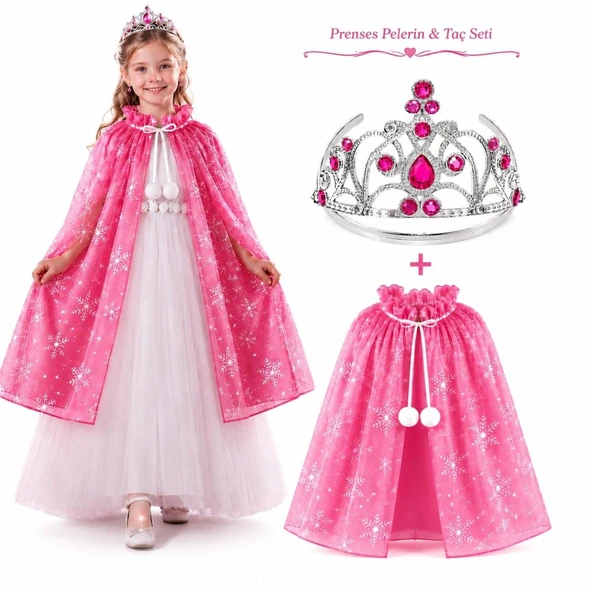 Masal Prensesi Pembe Pelerin Ve Taç Seti (85 Cm) ürün görseli 1