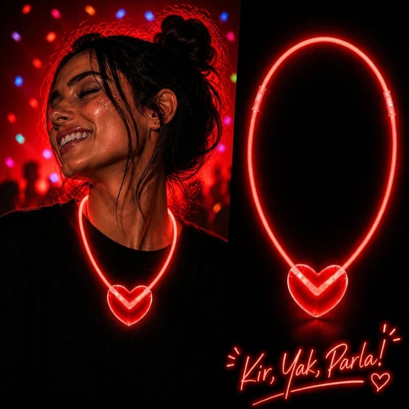 Neon Işıklı Fosforlu Kalp Parti Kolyesi Kırmızı Renk ürün görseli 1