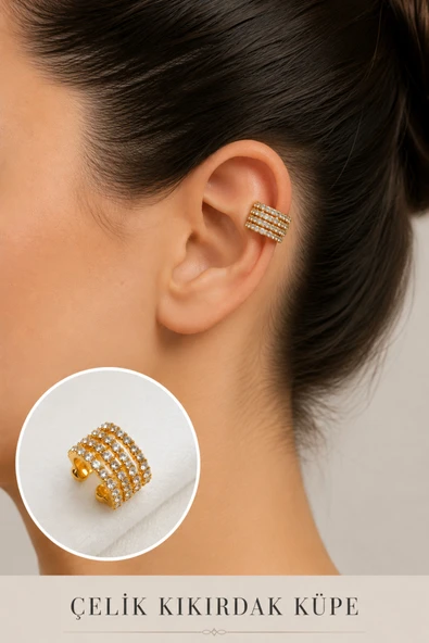 2'li Zirkon Taşlı Detaylı Kıkırdak Küpe/Earcuff/Conch (Delik Gerekmez) ürün görseli 1