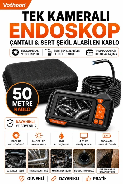Ekranlı Tek kameralı 50 Mt Sert Kablo Yılan Endoskop Kamera 8 mm 4.3 ınc ürün görseli 1