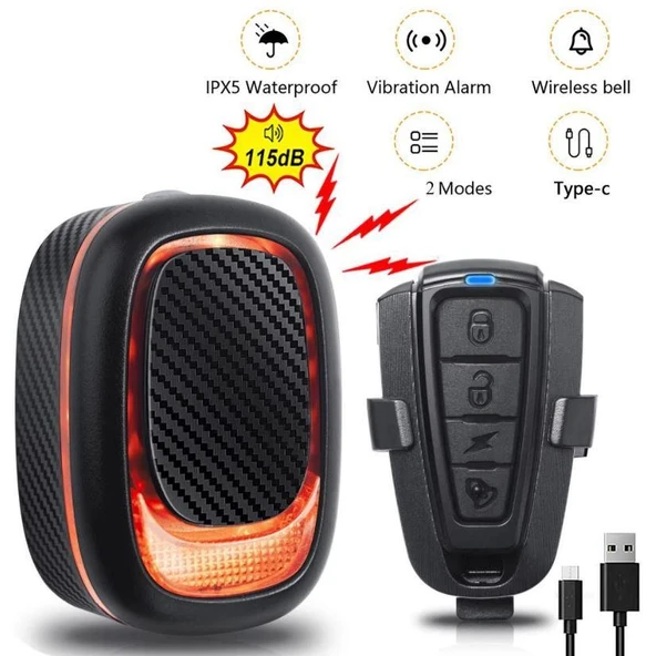 Xbyc 6161 Uzaktan Kumandalı 115 Db Su Gerçirmez Usb Şarjlı Bisiklet Alarmı+Kornası+Işığı 3in1 ürün görseli 1