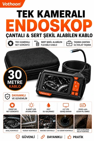 Ekranlı Tek kameralı 30 Mt Sert Kablo Yılan Endoskop Kamera 8 mm 4.3 ınc ürün görseli 1