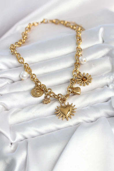 316L Çelik Gold Renk Charmlı Model Kadın Kolye - Resim 2