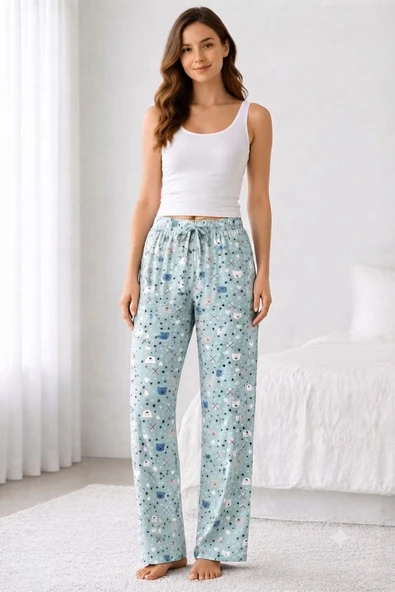 Viskon Pamuklu Kadın Deniz Mavisi Desenli Pijama Pantolon - MG012 - Mudanis ürün görseli 1