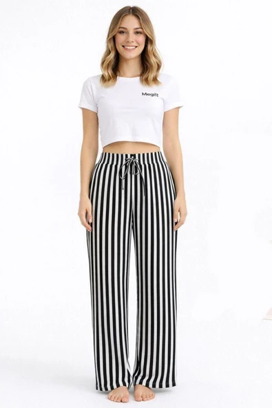 Viskon Pamuklu Kadın Siyah Çizgili Pijama Pantolon - MG001 - Mudanis ürün görseli 1