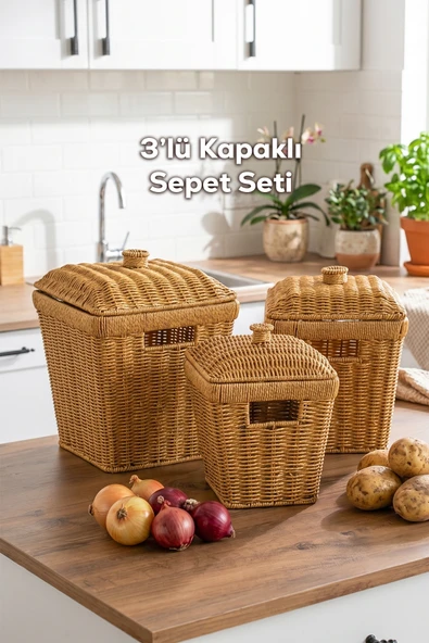 Porsima Pbt-919 3lü Hasır Sepet Kapaklı Bambu Sepet seti Dekoratif Banyo Mutfak Düzenleyici Patates Soğan Sepeti Organizeri ürün görseli 1