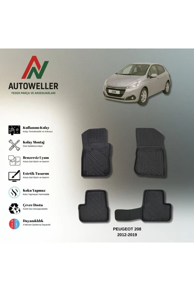 AutoWeller Peugeot 208 2012-2019 Havuzlu 3D TPE Oto Paspas Takımı ürün görseli 1