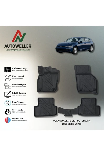 AutoWeller Volkswagen Golf 8 2019 Sonrası e-Tsi Havuzlu 3D TPE Oto Paspas Takımı ürün görseli 1