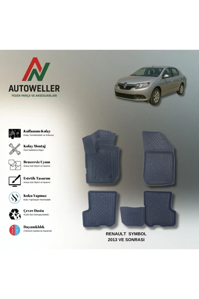 AutoWeller Renault Symbol 2013-2021 Havuzlu 3D TPE Oto Paspas Takımı ürün görseli 1