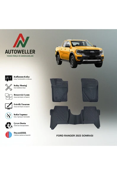 AutoWeller Ford Ranger 2023 Sonrası Havuzlu 3D TPE Oto Paspas Takımı ürün görseli 1