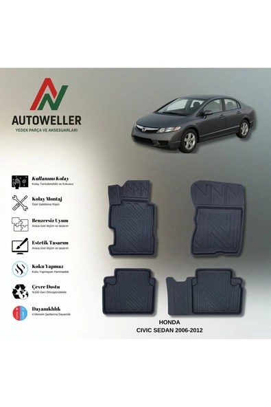 AutoWeller Honda Civic 2006-2012 Sedan Havuzlu 3D TPE Oto Paspas Takımı ürün görseli 1
