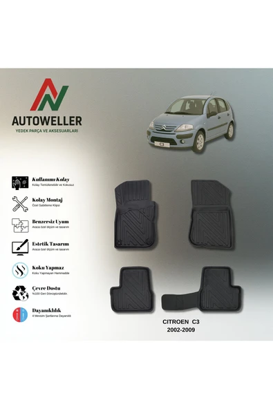 AutoWeller Citroen C3 2002-2009 Havuzlu 3D TPE Oto Paspas Takımı ürün görseli 1