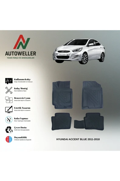 AutoWeller Hyundai Accent Blue 2011-2018 Havuzlu 3D TPE Oto Paspas Takımı ürün görseli 1