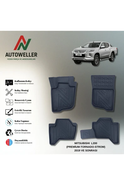 AutoWeller Mitsubishi L200 2019-2023 Premıum-Tornado-Storm Havuzlu 3D TPE Oto Paspas Takımı ürün görseli 1