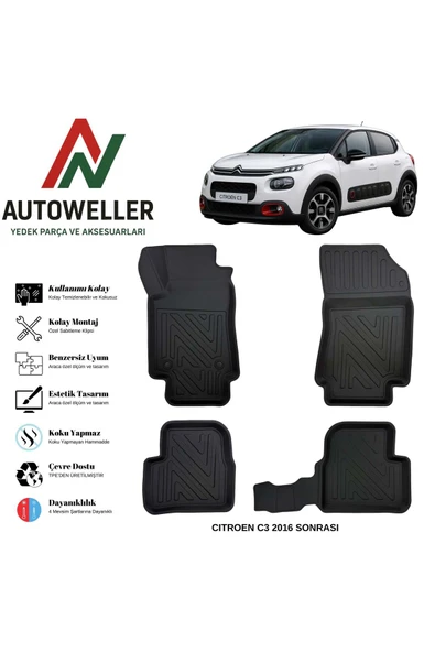 AutoWeller Citroen C3 2016 Sonrası Havuzlu Oto Havuzlu 3D TPE Oto Paspas Takımı ürün görseli 1
