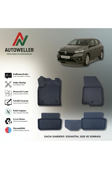 AutoWeller Dacia Sandero 2020 Sonrası Essential Havuzlu 3D TPE Oto Paspas Takımı ürün görseli 1