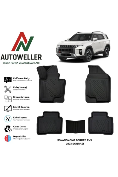 AutoWeller Ssyangyong Torres 2023 Sonrası Havuzlu Oto Elektrikli Havuzlu 3D TPE Oto Paspas Takımı ürün görseli 1