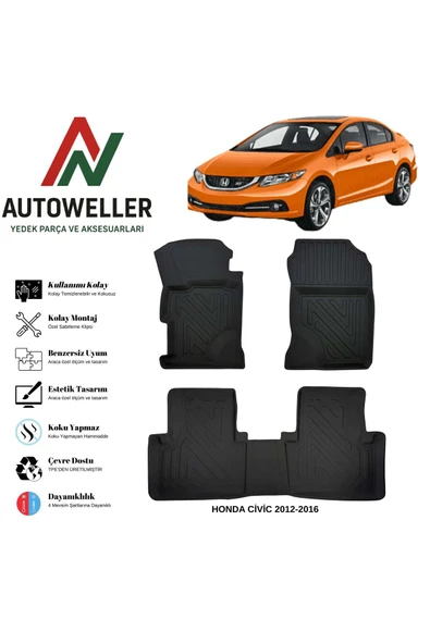 AutoWeller Honda Civic 2012-2016 Havuzlu Oto Sedan Havuzlu 3D TPE Oto Paspas Takımı ürün görseli 1