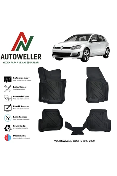 AutoWeller Volkswagen Golf 5 2003-2009 Havuzlu Oto Havuzlu 3D TPE Oto Paspas Takımı ürün görseli 1