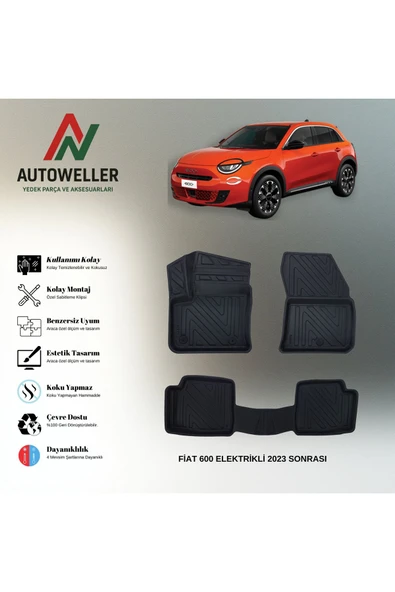 AutoWeller Fiat 600 Elektrikli 2023 Sonrası Havuzlu 3D TPE Oto Paspas Takımı ürün görseli 1