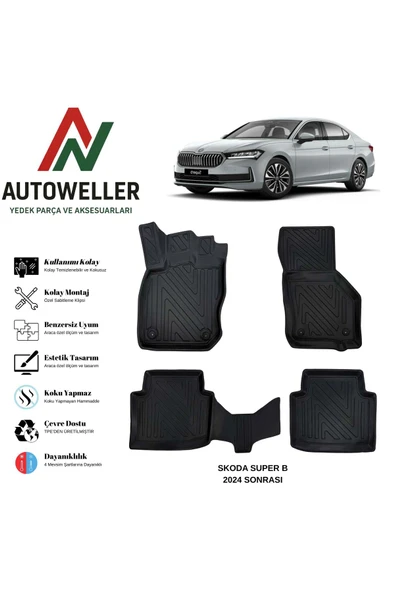 AutoWeller Skoda Superb 2024 Sonrası Havuzlu Oto Havuzlu 3D TPE Oto Paspas Takımı ürün görseli 1